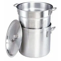 Aluminum pasta cooker with 20-quart capacity, 4 mm gauge body, riveted handle, and included lid. Suitable for boiling pasta and other foods in commercial kitchens, catering, and large-scale food preparation.