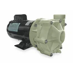 This centrifugal pump features a polypropylene housing and impeller for chemical resistance. It is powered by a 1 hp single-phase motor, operating at 115/230V AC, with an open dripproof enclosure. Connections are NPT. Suitable for transferring corrosive fluids in industrial and water treatment applications.