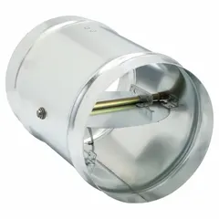 Round fire damper with 10 in duct diameter, 14 in length, galvanized steel frame, and butterfly blade. Spring closure mechanism for horizontal mounting. Used in HVAC ductwork to restrict fire and smoke spread.