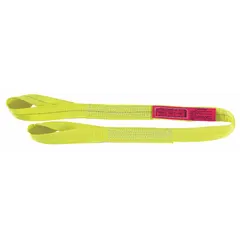 Polyester twisted-eye web sling for light-duty lifting and rigging. 2 plies, 4 ft sling length, 4,800 lb vertical hitch capacity. Suitable for hoisting loads in industrial settings such as warehouses and manufacturing facilities.