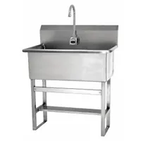This one-station freestanding hand sink with faucet features a 28 in bowl length and 10-1/2 in bowl depth. Battery powered with a 0.5 gpm flow rate, it is suited for handwashing in commercial or institutional settings where a portable, self-contained unit is needed. Side splash is not included