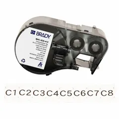 Continuous tag roll cartridge for use with BMP41 printer. Polypropylene material with matte finish, black printing on white background. 5/8 in width, 20 ft length. Suitable for outdoor labeling applications such as asset identification, pipe marking, and safety tags.