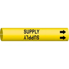 Yellow snap-on pipe marker with black legend reading 'Supply' and directional arrows. Fits pipe outer diameters from 3/4 to 1-3/8 inches. Used to identify supply lines in industrial piping systems for clear content and flow direction indication.