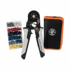 This ferrule crimping kit includes a hand crimper with knurled grip insulated handles and 1200 non-insulated ferrule connectors for 22 to 10 AWG wire. Used for crimping ferrules onto wire terminals in electrical panel building, control cabinet wiring, and industrial maintenance.