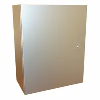 304 stainless steel enclosure with hinged cover and 1/4-turn latch. Rated NEMA 12/13/3R/4/4X for indoor or outdoor use. Measures 20 x 16 x 8 inches. Knockouts not included