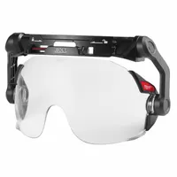 This clip-on hard hat eyewear features a clear polycarbonate lens with anti-fog and scratch-resistant properties. The polycarbonate frame provides impact protection. Designed for secure attachment to compatible hard hats, it is suitable for use in industrial environments where eye protection is required