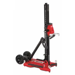 This cordless core drill stand provides a stable platform for drilling cores in concrete and masonry. It features a mechanical bolt and adjustable angle for precise positioning. The unit is battery-powered and includes a battery.
