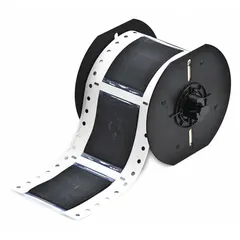 Polyolefin sleeve label roll, black matte finish, 1 1/2 in x 2 in size. Designed for wire diameters from 0.5 in to 1.45 in. Compatible with BBP33 printer series. Used for wire identification and marking in industrial applications.