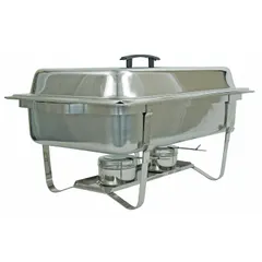 This full size chafer is constructed of stainless steel with a silver finish. It features a lift-off lid and measures 23 1/2 inches in overall length. Suitable for buffet-style food service, it is used to keep hot dishes at serving temperature in catering and restaurant settings.