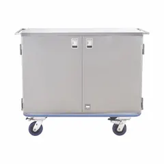 This surgical case cart features a stainless steel body with a rubber bumper for protection during transport. It is equipped with two swivel and two total locking casters, providing maneuverability and stability. Used in healthcare settings to securely transport sterile instruments and supplies.