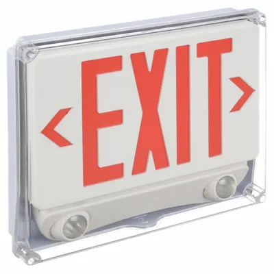 OEM Exit Sign with Emergency Lights: White, 1 Faces, Red, LED, Ceiling/Wall - Plastic Exit Signs with Round Bottom-Mount Light Heads