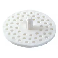 This plastic strainer is designed for drop-in installation in sink drains. It catches food scraps and debris while allowing water to flow through, helping prevent clogs. The white finish suits standard sink fixtures