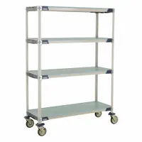 This mobile plastic shelving unit features four standalone polymer shelves with antimicrobial and corrosion-resistant properties. It is NSF approved for use in wet environments and includes two swivel casters for mobility. The unit measures 50 in x 20 in with an overall height of 67 in