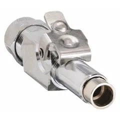 Chrome-plated brass quick-disconnect tube fitting with 1/4 in OD tube x 1/4 in pipe x 1/4 in OD size, compression connection type, and Tube Stem x Compression configuration. Sold in a pack of 5. Used for rapid connection and disconnection in pneumatic or low-pressure fluid lines.
