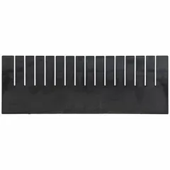 This black plastic divider is designed for use with LEWISBINS DC3080-XL containers. It measures 20 5/8 in by 7 1/2 in and helps organize and separate components within the box, suitable for ESD-sensitive environments in industrial and electronics assembly settings.