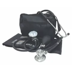 Adult arm blood pressure monitor kit with reusable nylon adult cuff, dual-head stethoscope featuring an infant bell chest piece, and a no-needle-stop gauge. Includes carrying case. Color: Black. For manual blood pressure measurement in clinical or home settings.