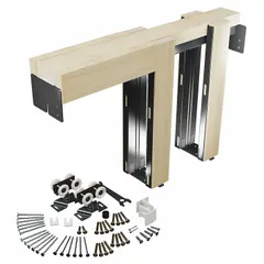 This hanging door track kit includes a top track and hardware for installing sliding or bypass doors. It supports doors up to 150 lb and accommodates door heights up to 80 in. The kit is suitable for use in commercial or industrial settings where space-saving door operation is required.