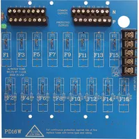 Phenolic/fiberglass power distribution module for 12/24V DC systems. Provides 16 PTC-protected outputs for organized power distribution in access control and security installations