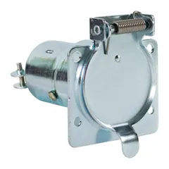 This 7-way trailer connector is constructed from steel and features a spring-loaded design. It is used for establishing electrical connections between towing vehicles and trailers, supporting lighting, brakes, and auxiliary functions. Suitable for boat trailers, large utility trailers, and RVs.
