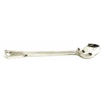 This stainless steel serving spoon measures 15 inches overall, with a silver finish. Its long handle provides safe reach for basting or serving hot liquids such as soups, stews, and sauces. Suitable for use in commercial and home kitchens