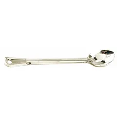 This stainless steel serving spoon measures 15 inches overall, with a silver finish. Its long handle provides safe reach for basting or serving hot liquids such as soups, stews, and sauces. Suitable for use in commercial and home kitchens.