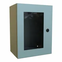 This steel enclosure measures 16 x 12 x 8 inches and is rated NEMA 12, 3R, and 4 for protection against dust, rain, sleet, and hose-directed water. It features a solid cover with a window and a 1/4-turn latch closure. Knockouts are not included. Suitable for indoor or outdoor use in industrial environments
