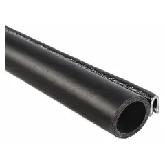 This round-bulb edge trim seal features a PVC outer and EPDM bulb with a side bulb profile and single-tongue gripping style. It has a 3/8 in leg length and is supplied in a 25 ft length. The seal is black and meets UL50E File MH49032 standards. Typical applications include sealing gaps around doors, panels, and enclosures in industrial equipment.