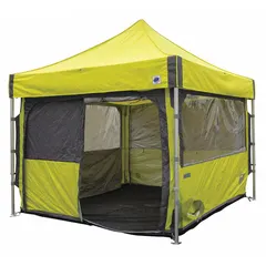 This pop-up temporary shelter from E-Z UP is constructed of polyester and includes air filters and a storage bag. It provides a rapid-deployment enclosure suitable for medical triage, field clinics, or emergency response in outdoor or disaster-relief settings.