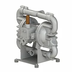 This air-operated double diaphragm pump features an aluminum housing and a 1-inch NPT connection. It delivers up to 70 gpm and includes a stainless steel seat with Santoprene check valves. Typical applications include fluid transfer in industrial settings where self-priming operation is required.