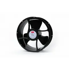 This 10-inch diameter axial fan moves air for general ventilation and cooling applications. The aluminum housing and 3-1/2 inch depth suit indoor use where protection against falling dirt and water spray is needed. It operates on 120V AC power with terminal connections.
