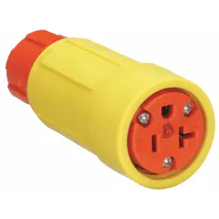 Watertight straight blade connector rated 125V AC, 20 A, 2 pole, 3 wire, with a 5-20R configuration. Yellow housing provides high visibility. Suitable for industrial and commercial power connections in wet or harsh environments requiring a weather-resistant receptacle.