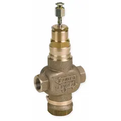 Brass body globe valve with stainless steel seat and stem. 1 in Female NPT connection, 11.7 CV flow coefficient. Stem down to close action. Used in hydronic heating and cooling systems for water flow regulation.