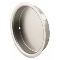 This round recessed handle is made of brass with a satin nickel finish. It features unthreaded mounting holes and is supplied as a single piece. Suitable for use on cabinet trays and drawers where a flush, low-profile grip is required