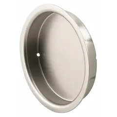 This round recessed handle is made of brass with a satin nickel finish. It features unthreaded mounting holes and is supplied as a single piece. Suitable for use on cabinet trays and drawers where a flush, low-profile grip is required.