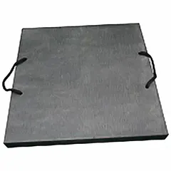 Square black polymer jack plate with 200 ton vertical load capacity and 36 in overall length. Orange handle aids positioning. Used to distribute outrigger loads over a wider area to prevent ground sinkage during heavy lifting operations.