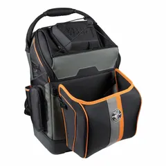This backpack is constructed from fire-retardant ballistic polyester that meets NFPA701 Standards for Flame Resistance. It measures 15 inches wide, 9-1/2 inches deep, and 24 inches high, with a Black/Gray/Orange color scheme. Designed for carrying tools and equipment in industrial environments where flame-resistant gear is required.