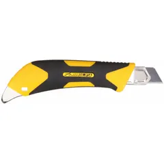 18mm snap-off knife with 8 blade segments. Rubberized plastic handle in black, 6 1/2 in overall length. No blades stored internally. For cutting cardboard, drywall, plastic strapping, and sheet materials.