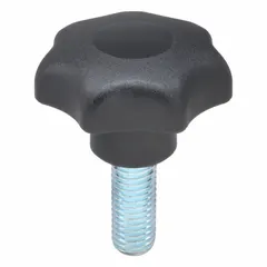 7-arm knob with threaded stud for manual adjustment and clamping. Plastic body with steel M12 thread, 30 mm thread length, 50 mm diameter. Suitable for hand-tightening in machinery and fixture applications.