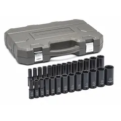 This SAE impact socket set from GEARWRENCH includes sizes ranging from 7/16 in to 1-1/4 in with a 3/8 in drive. The friction ball retention design secures sockets to the drive tool during use. Suitable for fastening and loosening nuts and bolts in automotive and industrial applications.