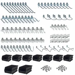 This hook and bin assortment kit is designed for organizing tools on round-hole pegboard with 1 in hole spacing. Made of zinc-plated steel with a silver finish, it includes five 5 in double C-shapes and features a screw-in locking system for surface mounting.