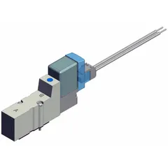 Five-way, two-position directional control valve from the SYJ3000 series. Single solenoid actuation with plug-in electrical connection. Operates on 24V DC. Used to direct compressed air in automated pneumatic systems for manufacturing, packaging, and material handling applications.