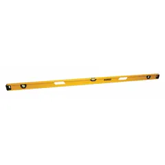 This 72-inch I-beam level features an aluminum frame with acrylic block vials for top and side reading. It is used for general leveling and plumb-checking tasks in construction, framing, and installation work, particularly on long spans.