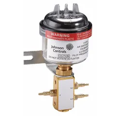3-way air switching valve with 5/32 in barb connection, operating temperature range 40°F to 125°F. Switchover pressure range 15 psi to 19 psi. Supports both Normally Open and Normally Closed switch types. Used in pneumatic control systems to divert air flow based on pressure thresholds.