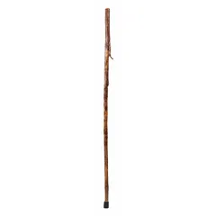 This walking stick is a standard single-point wood cane with a hickory finish, a wood handle, and a rubber bottom tip. It measures 55 inches in length. Used for mobility support and balance assistance in industrial or general walking aid applications.