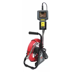 Pipe inspection camera reel with 100 ft cable, fixed TFT LCD display, and SD card recording. Supports pipe diameters from 2 to 6 inches. Includes P16-CW camera head; battery not included. Used for visual inspection of plumbing and piping systems to identify blockages, cracks, or corrosion.