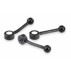 Steel low-profile adjustable tension lever with threaded hole. Thread size 1/4"-20, thread length 18 mm, overall length 100 mm. Used for clamping, positioning, and adjusting machinery or fixtures where frequent manual adjustment without tools is required.