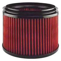 Engine air filter with round-oval shape and axial seal. Overall height 11 1/2 inches. Compatible with Caterpillar vehicles and buses. Traps airborne contaminants to protect engine combustion