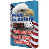 Aluminum electronic scoreboard with mounting holes for wall installation. Nominal sign size 28 in x 20 in. Operates on 110/120V AC and is programmed via remote control. Tracks days without a lost-time accident for workplace safety awareness