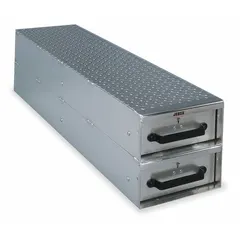 Aluminum bed-mount storage drawer system with two drawers. Each drawer measures 12 in height, 12 in width, and 50 in depth. Silver finish. Suitable for organizing tools and equipment in truck or van beds, service vehicles, and mobile workshops.