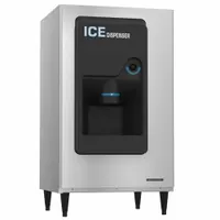 This HOSHIZAKI manual fill ice dispenser offers 200 lb storage capacity with push-button dispensing and antimicrobial protection. Dimensions are 53 in x 30 in x 30 in. Suitable for commercial kitchens, cafeterias, and hospitality settings requiring self-service ice dispensing